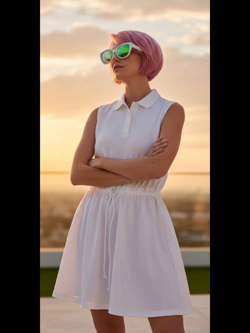 Tail White Sleeveless Polo Drawstring Mini Dress